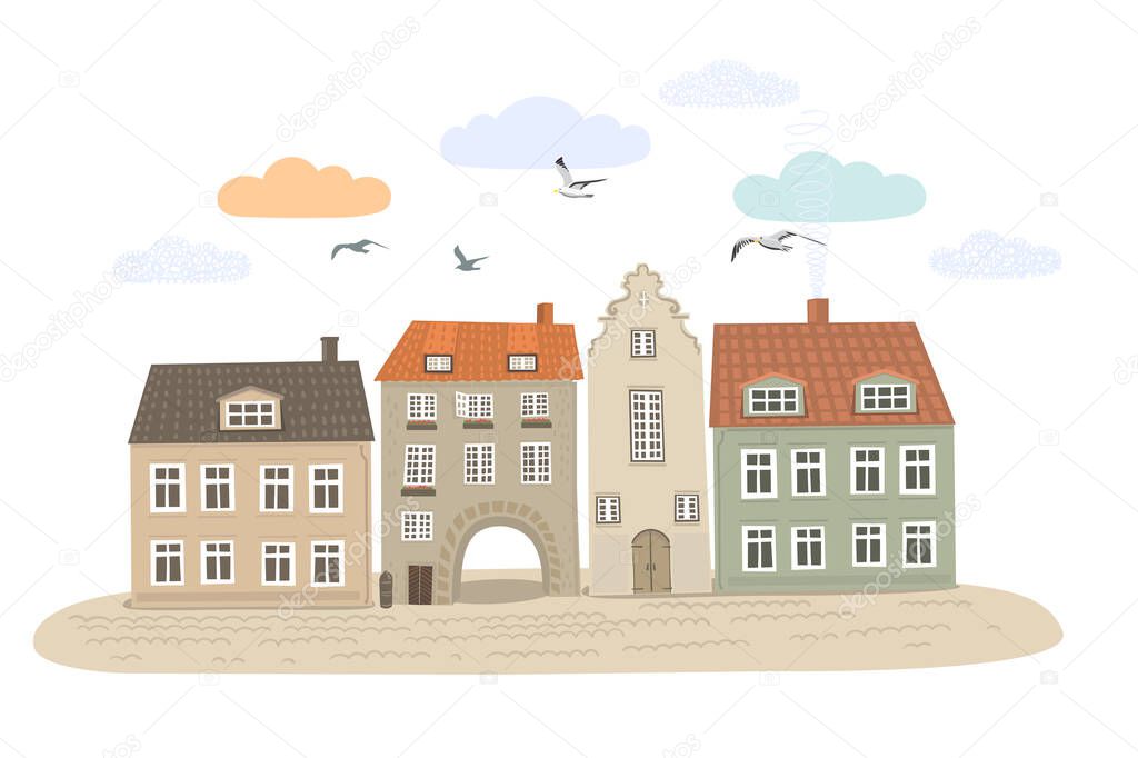 Cartoon city background.  Old Town. City panorama. Vector illustration.