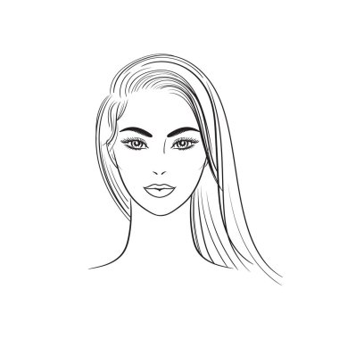 Uzun saçlı doğrusal genç kadın yüzü. Beyaz bir arka planda izole edilmiş güzel bir kız. Vektör Siyah ve Beyaz Çizim. Cazibeli moda güzellik kadın yüzü silueti.