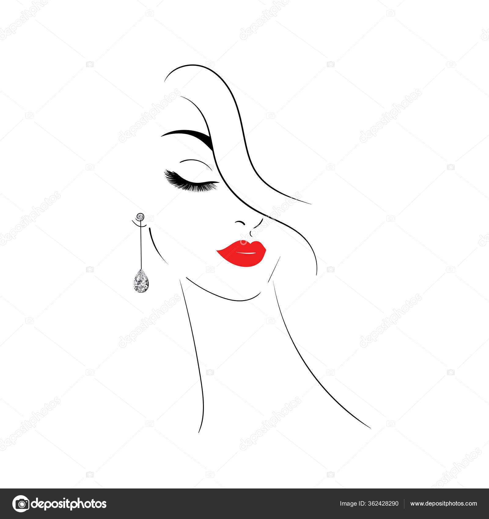Beautiful Young Woman Diamond Earrings White Background Black Line