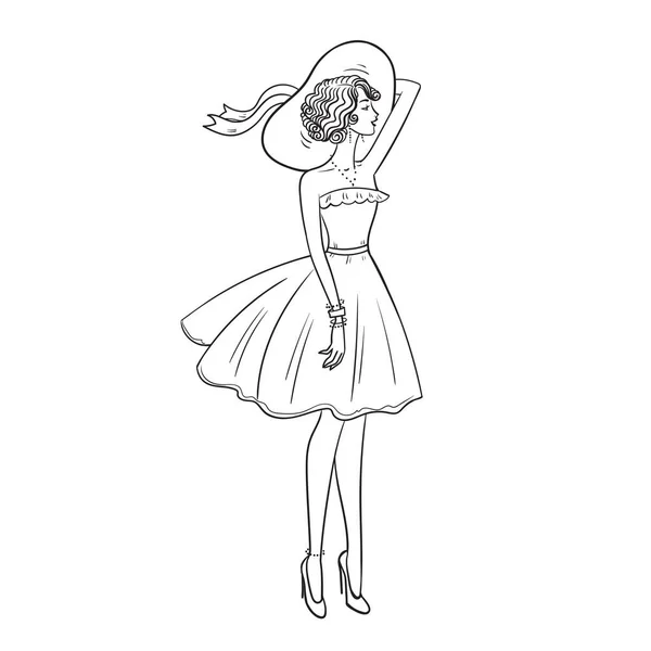 Schöne Junge Frau Mit Hut Und Kleid Auf Weißem Hintergrund — Stockvektor