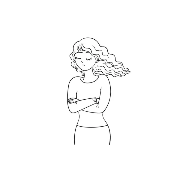 Mujer Triste Joven Blanco Negro Sobre Fondo Blanco Chica Triste — Vector de stock