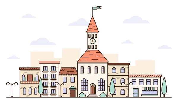 市役所と市のスカイラインフラットベクトルイラスト ウェブ サイト バナーのための細い線画のデザイン 町役場付きの小さな町通りのフラット線形都市景観図 — ストックベクタ