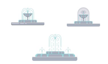 Flat vector fountain set with bowls, cascade and water splash.
