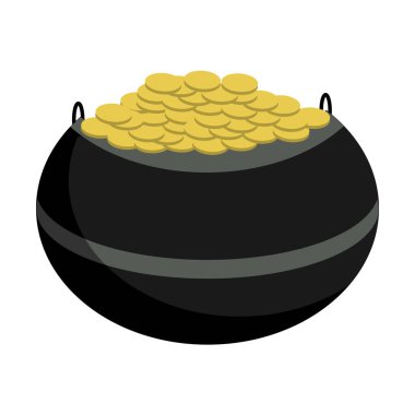 Aziz Patrick Günü 'nün geleneksel simgesi altın sikkelerle dolu siyah tencere. Beyaz arkaplan vektör çiziminde izole