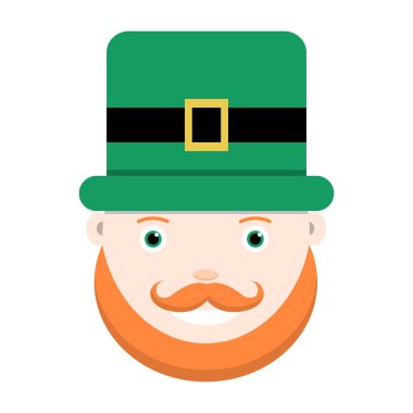 Silindir şapkalı ve bıyıklı cüce kafalı Aziz Patrick Günü karakteri. Beyaz arkaplanda izole edilmiş İrlanda tatili için avatar