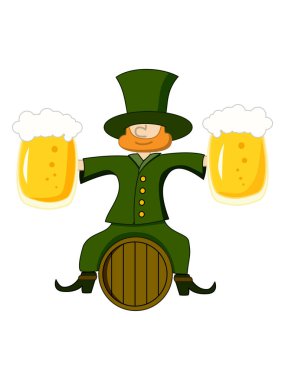 Çizgi film cini, elinde iki şişe bira ve gözlerinde şapkayla bir fıçının üzerinde oturur. Geleneksel İrlanda folklorunun ulusal karakteri. Beyaz arkaplanda izole