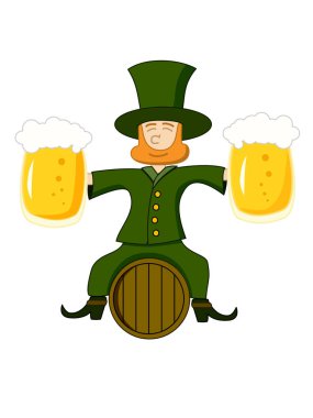 Çizgi film cini gülümsemesi elinde iki şişe birayla bir fıçının üzerinde oturuyor. İrlanda folklorunun geleneksel ulusal karakteri. Beyaz arkaplanda izole