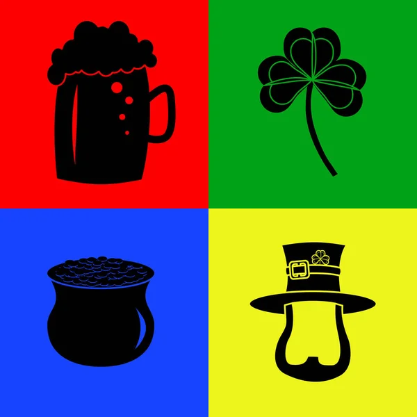 Silhuetas Dos Símbolos Dia São Patrício Cerveja Trevo Duende Pote — Vetor de Stock