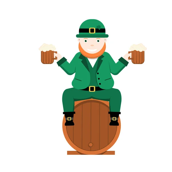 Dia São Patrício Leprechaun Senta Num Barril Com Duas Cervejas —  Vetores de Stock