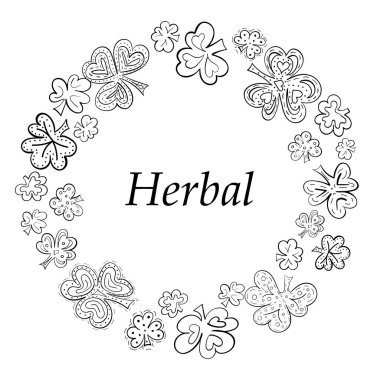 El yapımı yonca yapraklarından yapılmış vektör yuvarlak çerçeve. Organik kozmetik konsepti. Etiket tasarımı için karalama çerçevesi. Siyah ve beyaz ana hatlı sanat