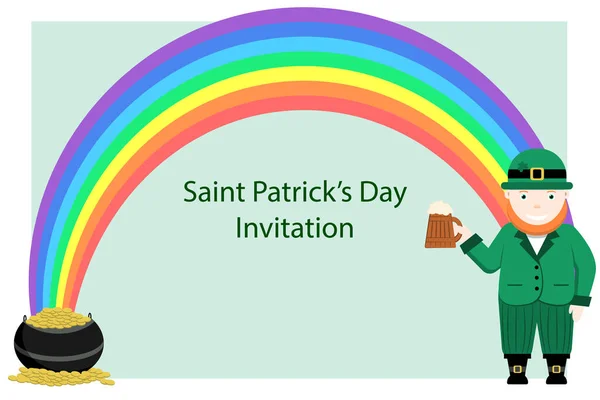 St. Patrick 'in geçmişinde mesaj yazılacak bir yer var. Gökkuşağı bir kase altın ve elinde bir kupa bira tutan bir leprikonla birleşir. Düz vektör çizimi
