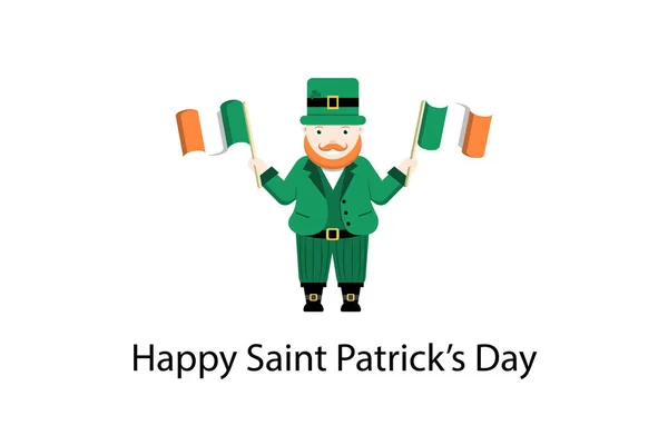 Leprechaun Está Acenando Bandeiras Irlandesas Suas Mãos Caráter Nacional Tradicional — Vetor de Stock