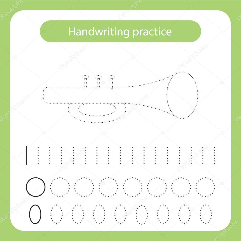 Trumpet. Kids toys theme. Handwriting practice sheet. Vector illustration