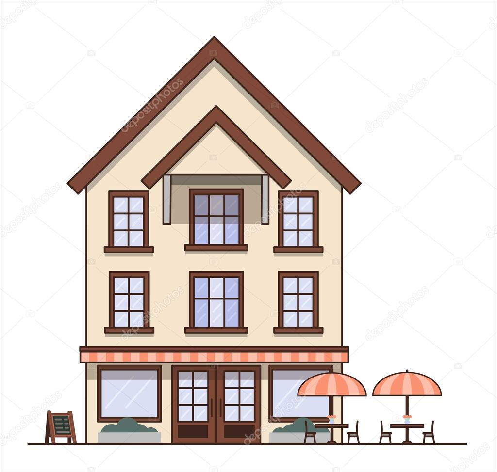 Flat colred house or hotel with a cafe on the first floor. Vector illustration on white background