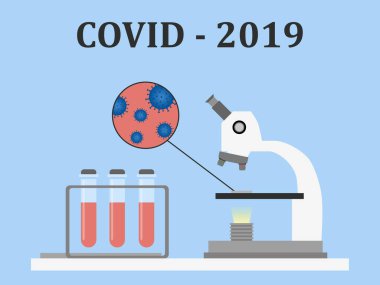 Test tüplerinde incelenen virüs hücreleri ve kan örnekleriyle mikroskop. Covid-2019 için kan testi. Düz bir şekilde vektör illüstrasyonu. Web pankartları, bilgi grafikleri vs. için şablon.