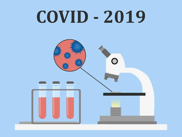 Test tüplerinde incelenen virüs hücreleri ve kan örnekleriyle mikroskop. Covid-2019 için kan testi. Düz bir şekilde vektör illüstrasyonu. Web pankartları, bilgi grafikleri vs. için şablon.