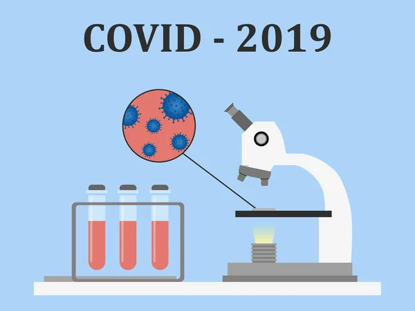바이러스 세포와 시험관에 샘플을 현미경으로 관찰하는 것입니다 테스트 2019 일러스트가 — 스톡 벡터