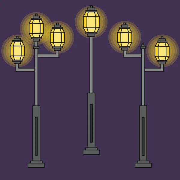 Drie Straatlantaarn Vintage Lampen Schitteren Het Nippertje — Stockvector
