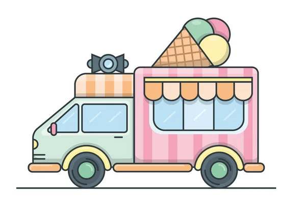 Ilustración Vectorial Plana Camión Helados Con Megáfono Tres Bolas Helado — Vector de stock