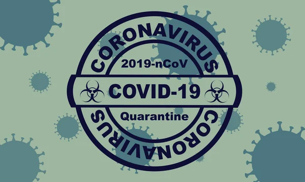 Mavi yuvarlak damga. Coronavirus covid -19, 2019-ncov karantina altında ve arkasında virüs hücreleri var. Vektör illüstrasyonu.