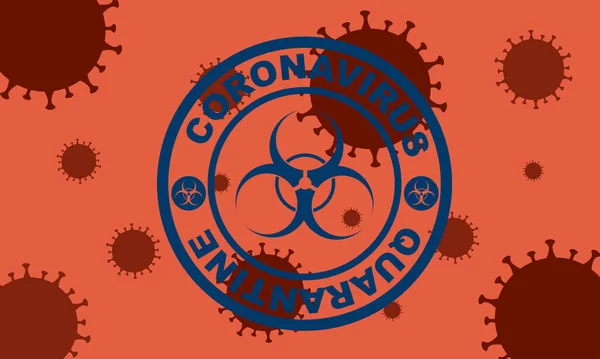 Mavi yuvarlak damga. Coronavirus covid -19, 2019-ncov karantina altında ve arkasında virüs hücreleri var. Vektör illüstrasyonu.