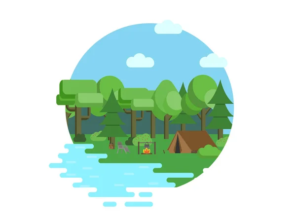 Camping Naturaleza Concepto Viaje Paisaje Diseño Plano Con Carpa Fuego — Vector de stock