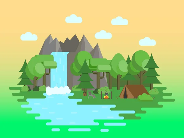 Camping Naturaleza Concepto Viaje Paisaje Diseño Plano Con Carpa Fuego — Vector de stock