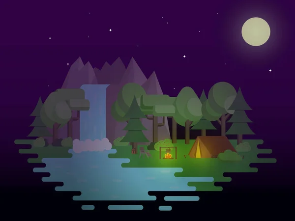 Camping Naturaleza Paisaje Nocturno Camping Concepto Viaje Paisaje Diseño Plano — Archivo Imágenes Vectoriales