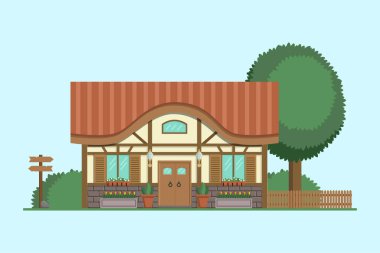 Yarım ahşap kulübe. Ağaçları ve çalıları olan yazlık ev. Modern daire vektör illüstrasyonu.