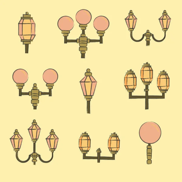 一套9盏装有黄色和粉色玻璃的灯 — 图库矢量图片