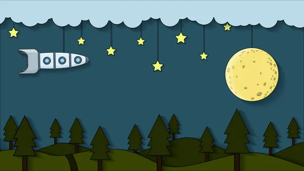 ロケットは夜の森の上の月に星の間を飛ぶ — ストックベクタ
