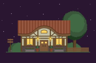 Pencerelerinde ışık ve gece fenerleri olan yarı keresteli bir kulübe. Ağaçları ve çalıları olan yazlık ev. Modern daire vektör illüstrasyonu.