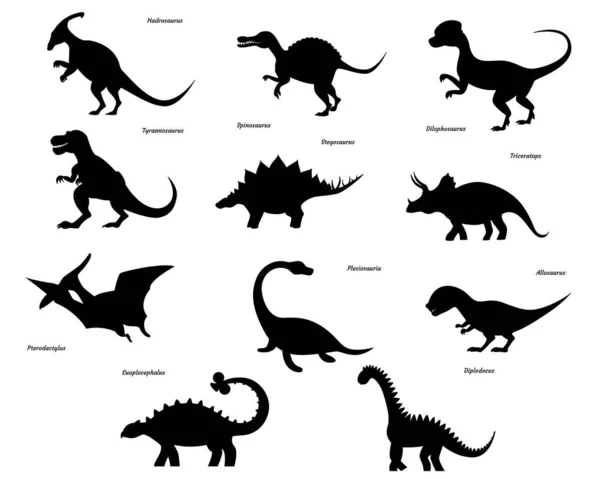 Beyaz arka planda izole edilmiş dinozor siluetleri. Vektör illüstrasyonu.