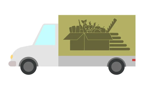 运粮卡车上有一盒满载食物的图片 平面矢量图解 — 图库矢量图片