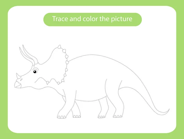 Triceratops dinozoru. Çocukların eğitici oyunlarını takip et ve renklendir. El yazısı ve çizim pratiği. Yeni yürümeye başlayan çocuklar için dinazor temalı etkinlik. Vektör illüstrasyonu.