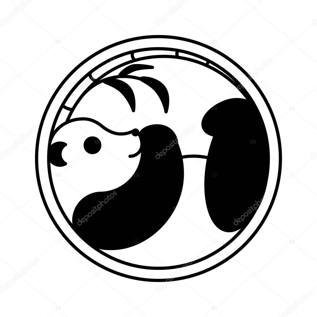 Panda Logo thin line design vector template. Sleeping panda bear witn bamboo leaves