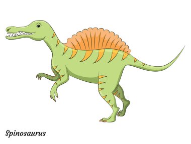 Şirin çizgi film spinosaurus dino karakteri. Vektör dinazoru parlak renklerde izole etti. Çocuk kitabı, uygulama, reklam tasarımı, etiket veya çıkartma için illüstrasyon.