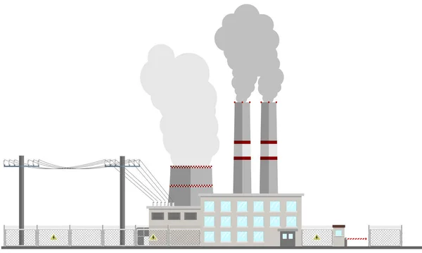 Hőerőmű Lapos Vektor Illusztráció Elektromos Vezetékekkel Kéményekkel Generátorral Olajozó Toronnyal — Stock Vector