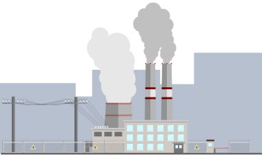 Termal enerji santrali. Düz stil vektör çizimi. Elektrik hatları, bacası, jeneratörü ve ooling kulesi olan sistem