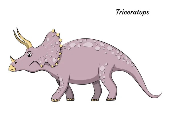 Sevimli çizgi film triceratops dino karakteri. Vektör dinazoru parlak renklerde izole etti. Çocuk kitabı, uygulama, reklam tasarımı, etiket veya çıkartma için illüstrasyon.