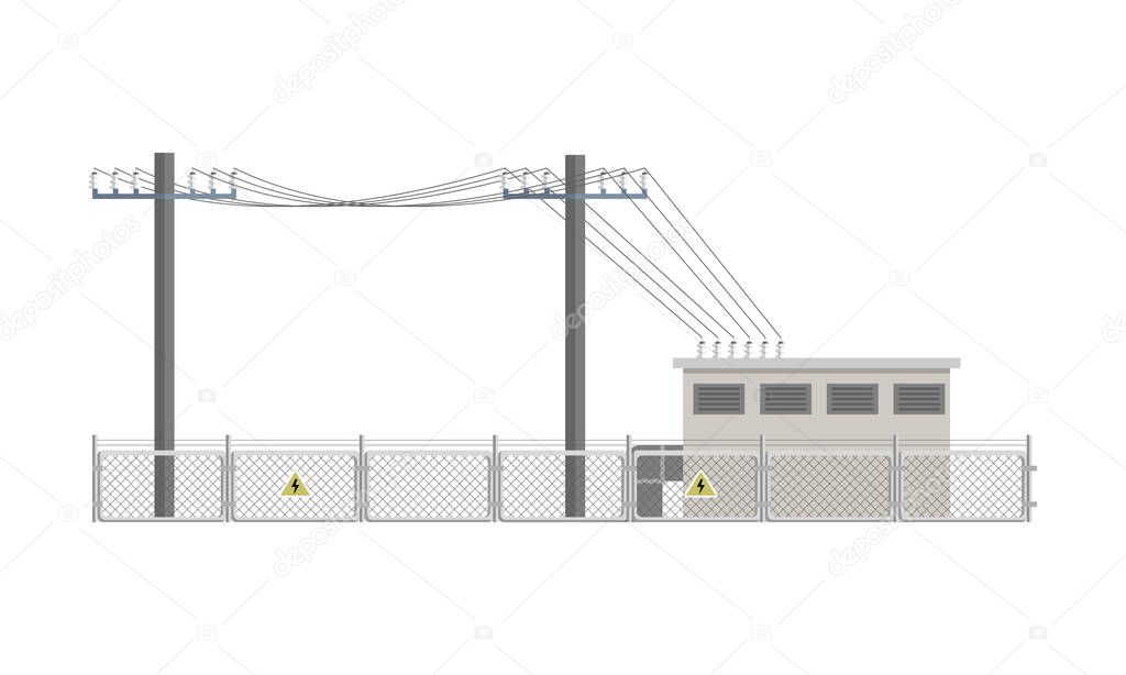 Power lines and transformer substation building fenced. Flat vector illustration isolated on white background.