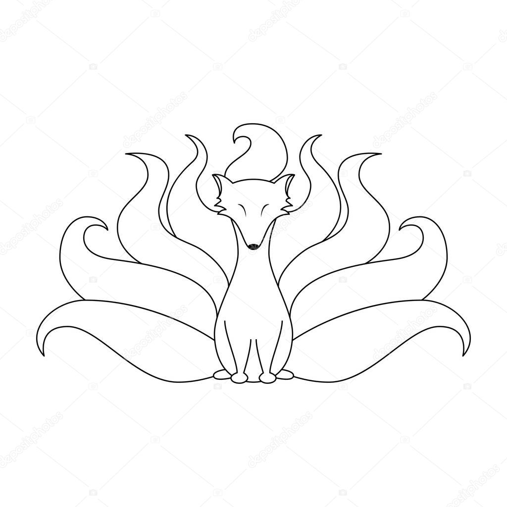Vector illustration of kitsune nine tailed fox outline. Vector illustration isolated on white background