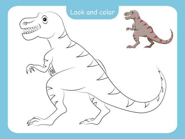 Mira Colorea Dibujo Para Colorear Del Dinosaurio Con Ejemplo Color — Vector de stock