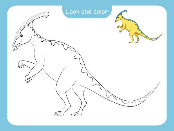 Titta Och Färglägg Färgläggning Sida Kontur Dinosaurie Med Färgat Exempel — Stock vektor