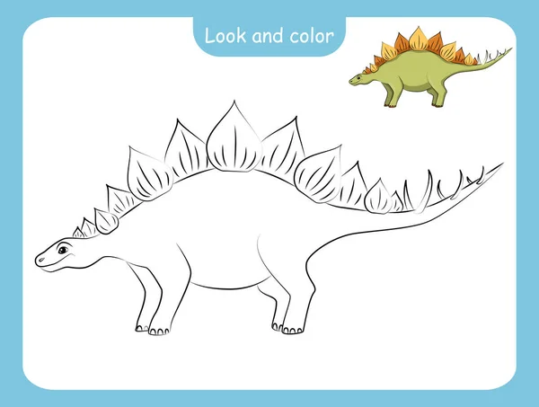 Titta Och Färglägg Färgläggning Sida Kontur Dinosaurie Med Färgat Exempel — Stock vektor