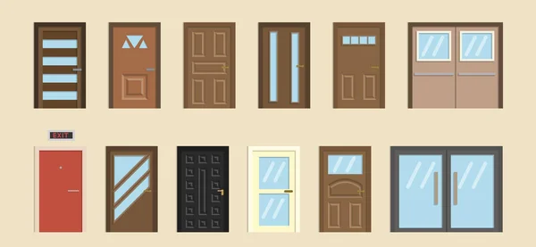 Portes Entrée Des Maisons Des Bâtiments Dans Style Design Plat — Image vectorielle