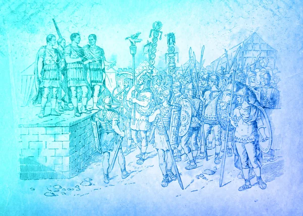 Romalı komutanlar askerlerini düşmana çağırırlar. Antik Roma 'nın tarihi resimleri, modern bir tasarım..