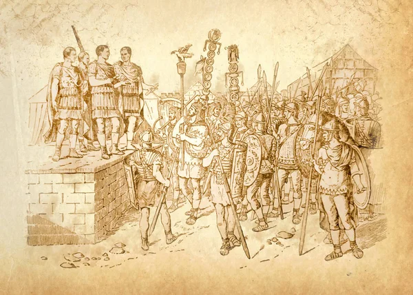 ローマ軍指揮官は兵士を敵に呼び寄せる 近代的なデザインの古代ローマの歴史的な絵画 — ストック写真