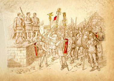 Romalı komutanlar askerlerini düşmana çağırırlar. Antik Roma 'nın tarihi resimleri, modern bir tasarım..