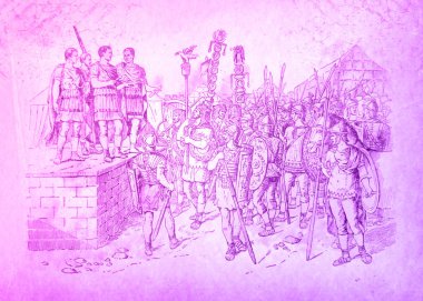 Romalı komutanlar askerlerini düşmana çağırırlar. Antik Roma 'nın tarihi resimleri, modern bir tasarım..